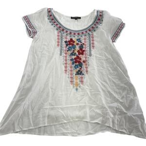 Andree by Unit Shirt Womens Small White Embroidered Floral Boho Rayon Tunic Top